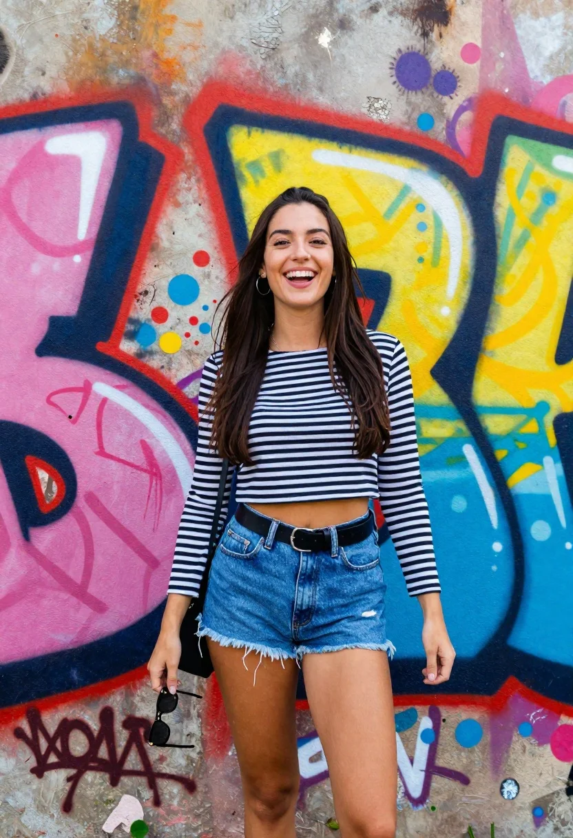 Young Woman With Long Dark Hair Stands Front Vibrant Graffiti reference photo