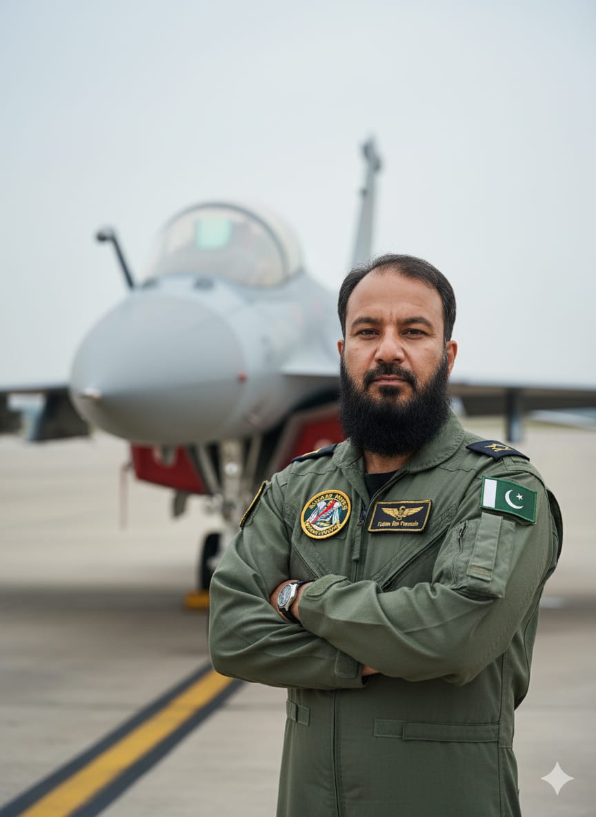 A confident man in a Pakistan Air Force flight suit standing on an airfield, with a military jet fighter in the blurred background.