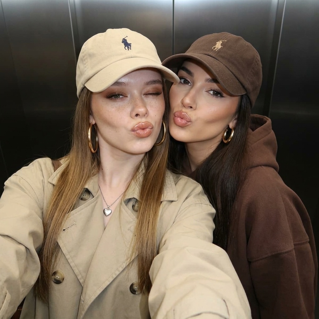 Two Women Playful Selfie Beige Trench Gold Hoops