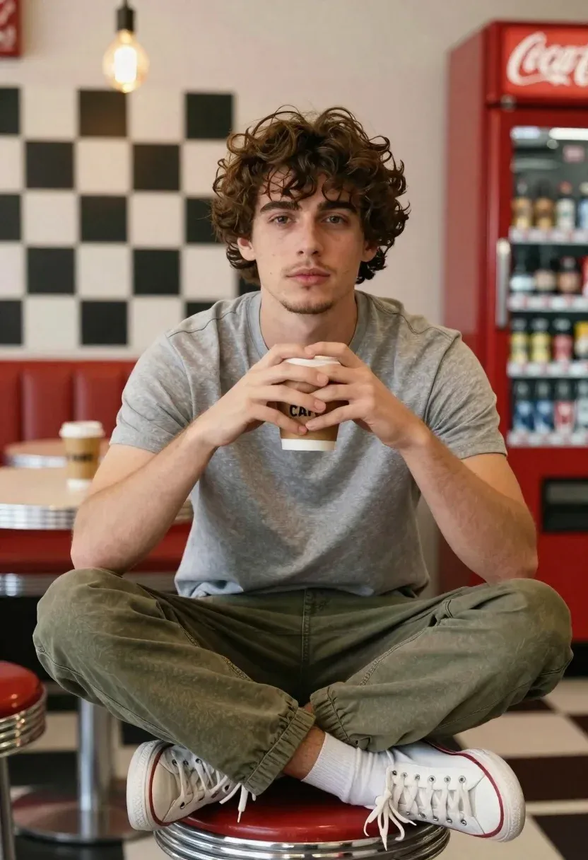 Young Man Sits Cross-legged Red Stool Retro Diner Setting Subject