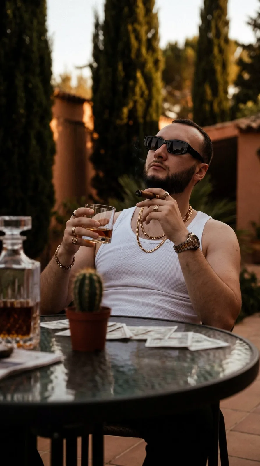 Glasses Having Whiskey And Cigar In A Mediterranean Garden