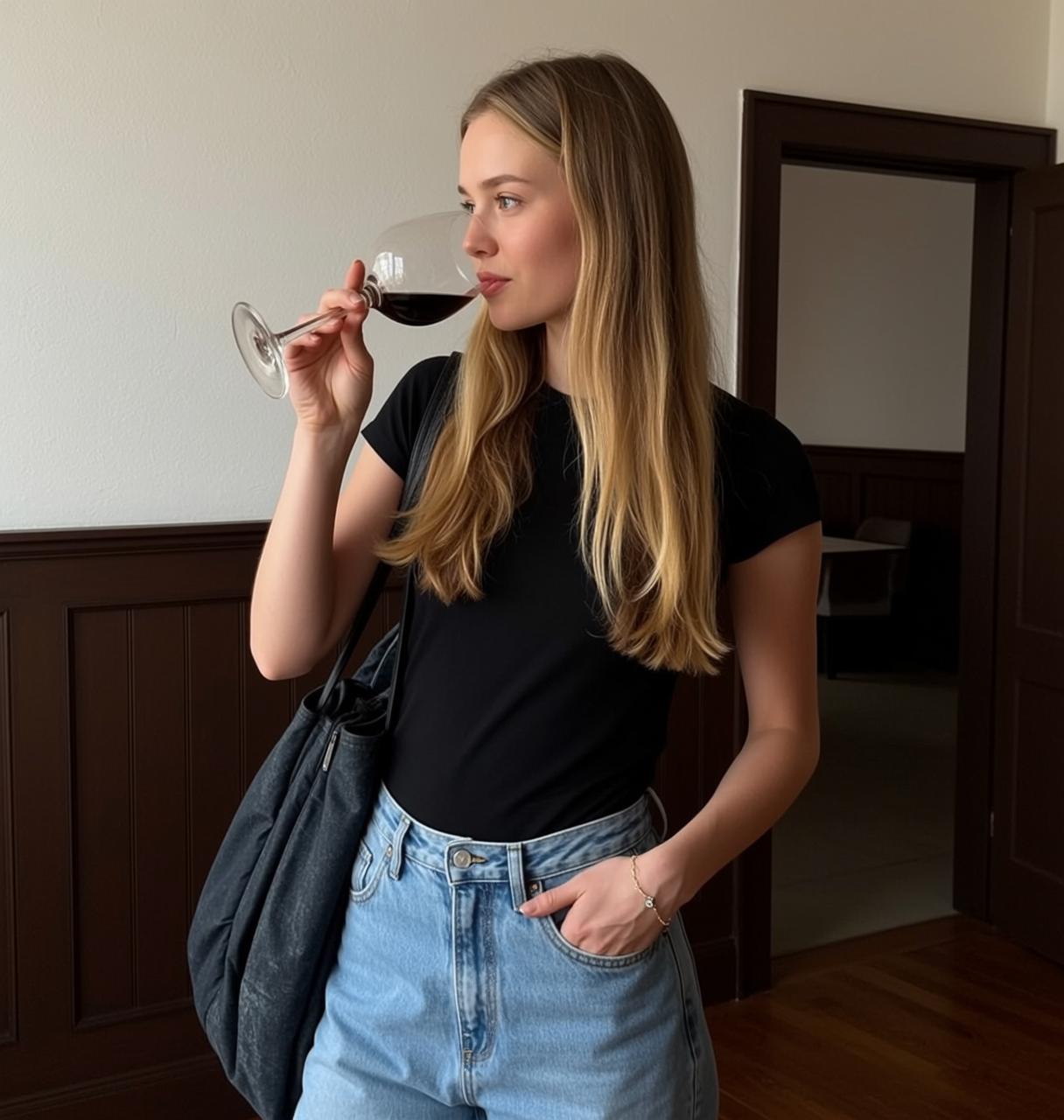 Explore Stands Relaxed Pose Holding Large Wine
