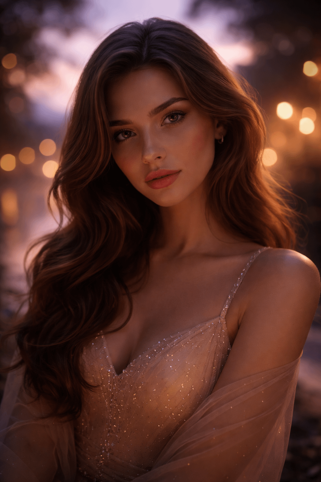 Twilight Bokeh Golden Hour Portrait Champagne Gown