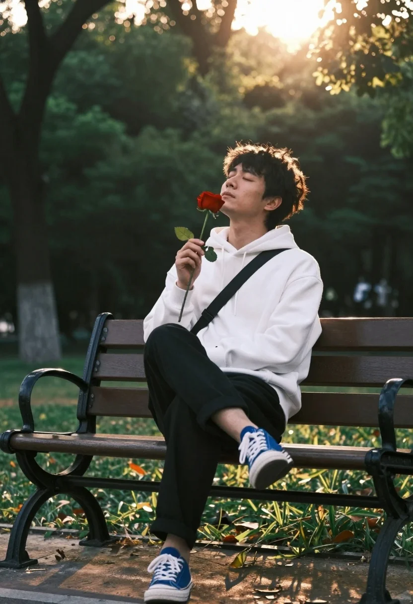 Man Sits Alone Park Bench Holding Single Red Rose Near