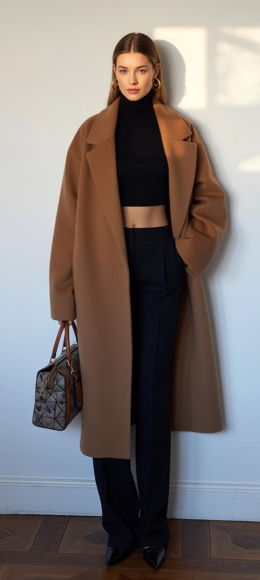Camel Coat Black Turtleneck Patterned Handbag