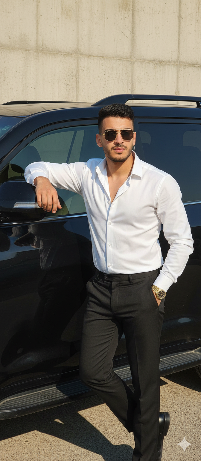 A man in a crisp white button-down shirt and black pants, leaning against a black Land Cruiser with gold sunglasses, set against a light-colored wall.