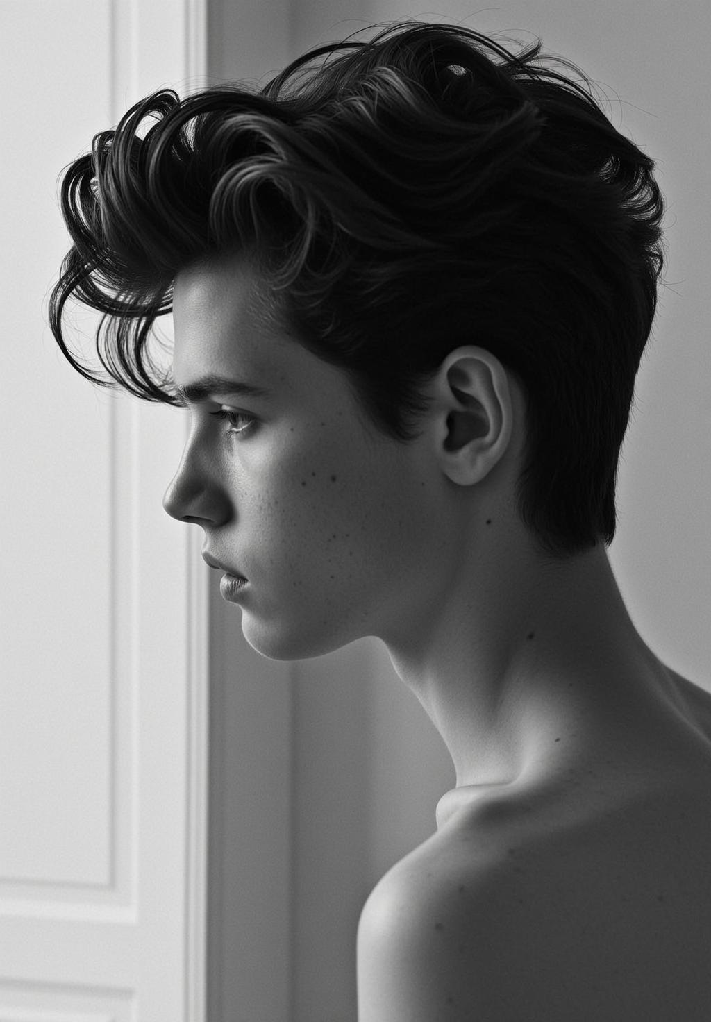 Photorealistic Medium Shot Black And White Portrait Young Man With