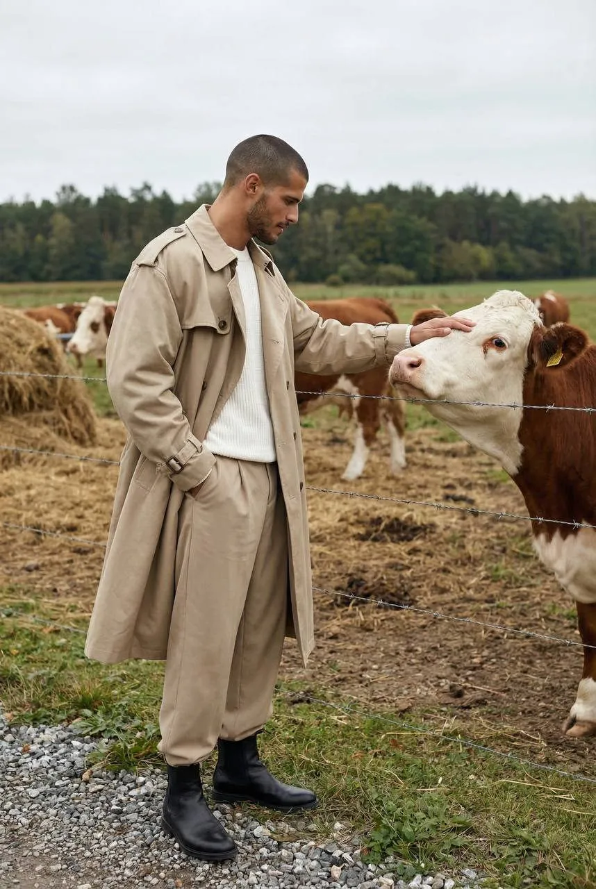 Man Cow Fence Rural Field Portrait