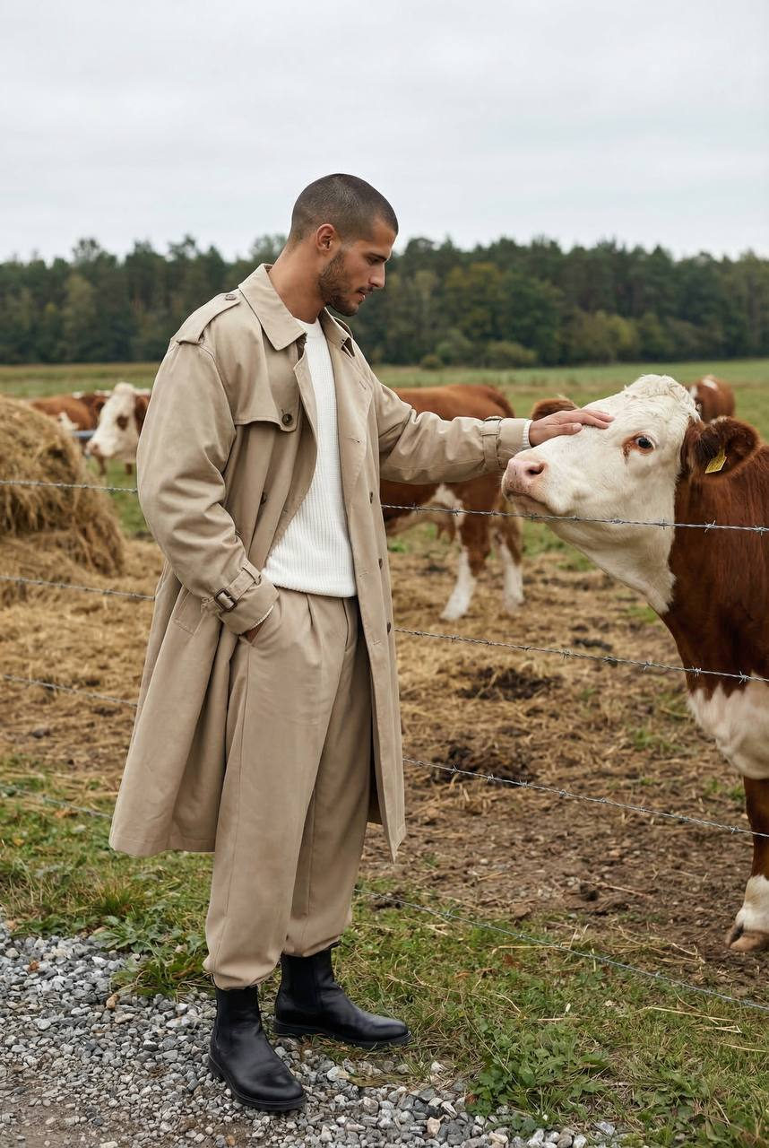 A man in a beige trench coat gently touching a cow's head over a barbed wire fence in a rural field.