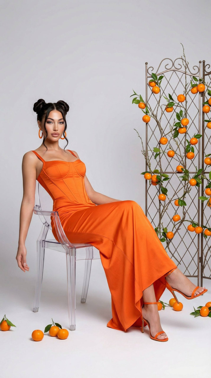 A confident woman in a bright orange one-piece dress sitting on a transparent acrylic chair against a light background, adorned with orange hoop earrings.
