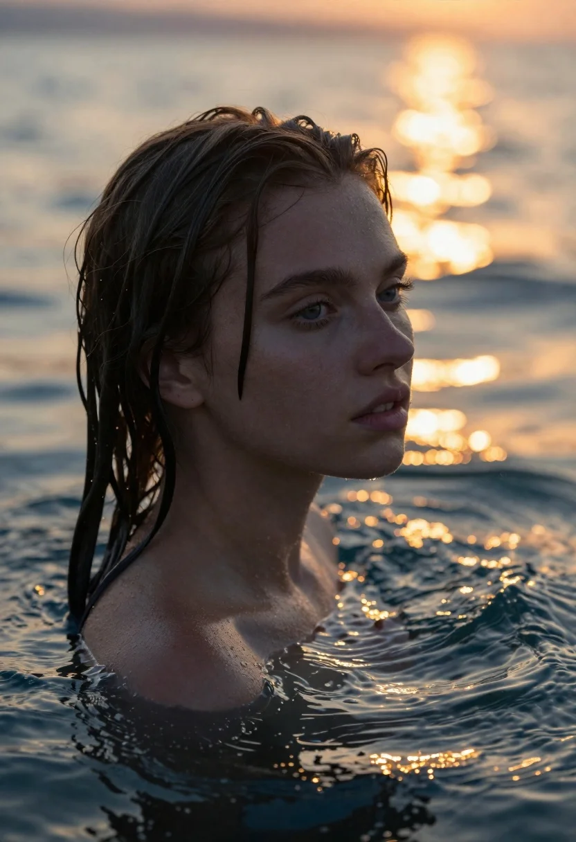 Hyper-realistic Close-up Portrait Young Woman Deep Water During Sunset Subject reference photo