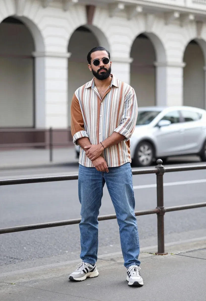 Full-length Portrait Man Standing Confidently Asphalt Street Front Building With