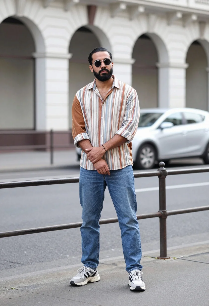 Full-length portrait of a man standing confidently on an asphalt street with a blurred building and silver car in the background.