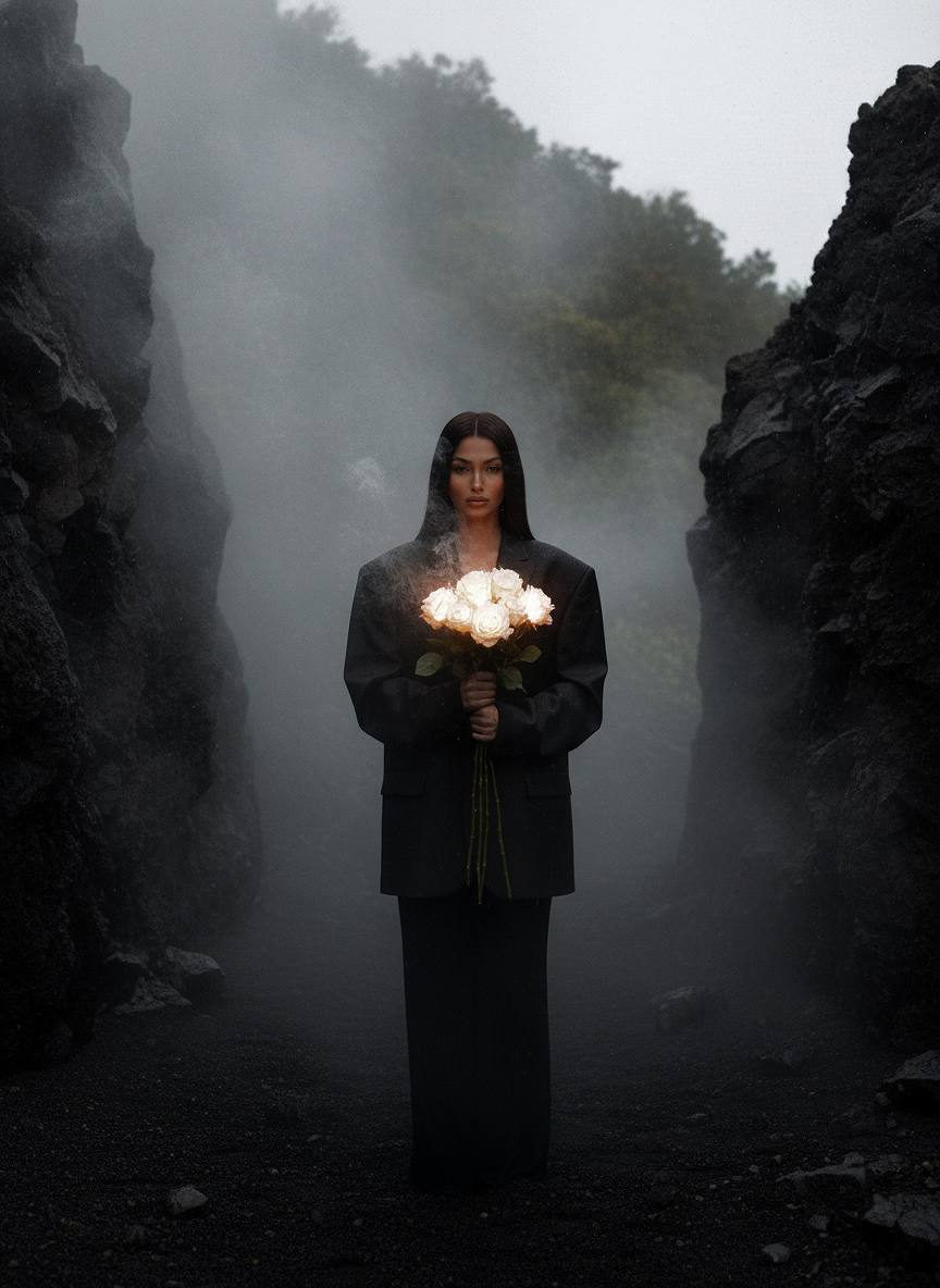 A woman in an oversized blazer standing between jagged cliffs, enveloped in dense fog, holding glowing roses as smoke spirals around her.
