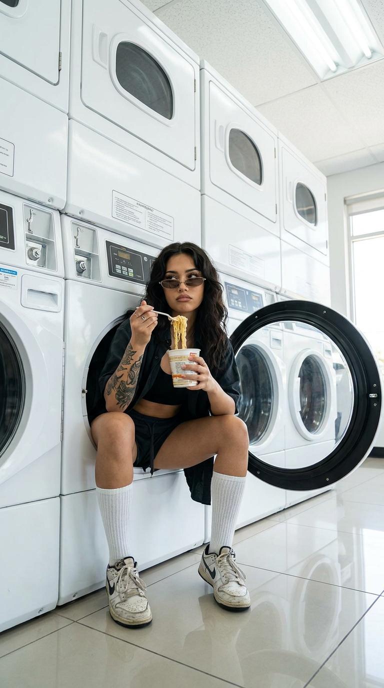 Laundromat Fashion Editorial Portrait Bright Modern Setting