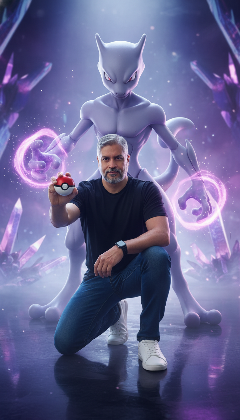 A confident man kneeling with a Poké Ball, Mewtwo looming majestically behind him, in a mystical purple-lit environment.
