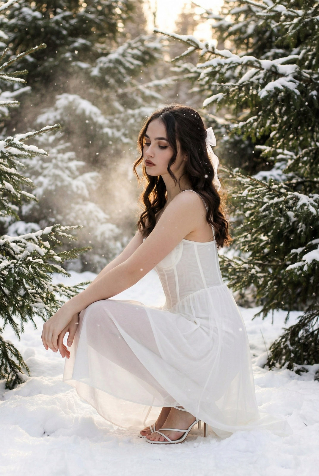 A woman in a translucent dress crouches among snow-covered green Christmas trees, snow gently falling around her.