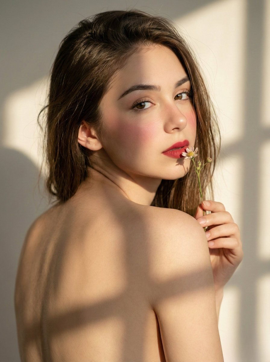 A surreal portrait of a woman with radiant skin, gently holding a wildflower near her lips, illuminated by soft sunlight.