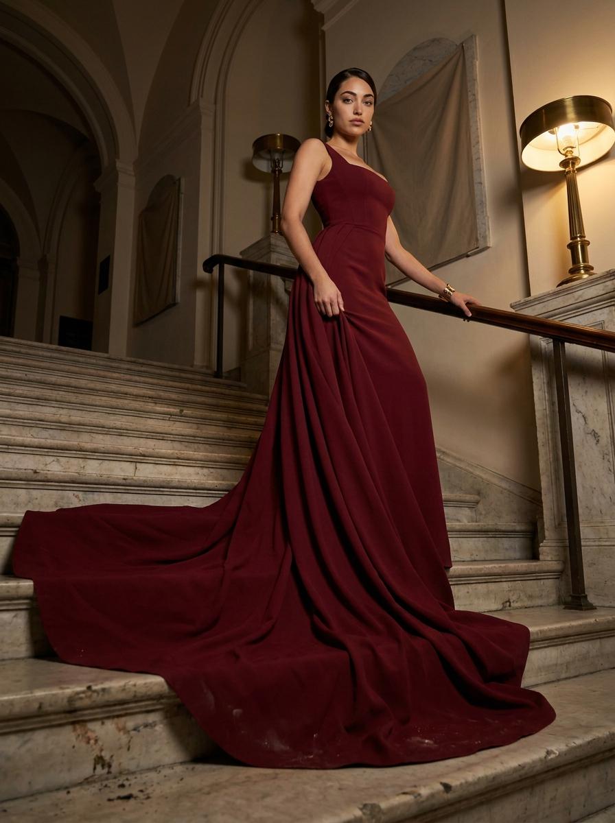 Red Gown On Marble Staircase Warm Lamps