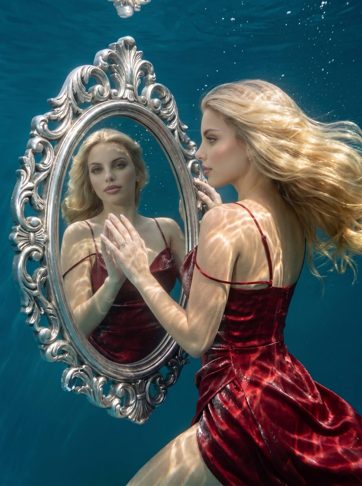 A woman with long flowing hair gazes at her reflection in a vintage mirror while floating in deep blue water, dressed in a red silk gown.