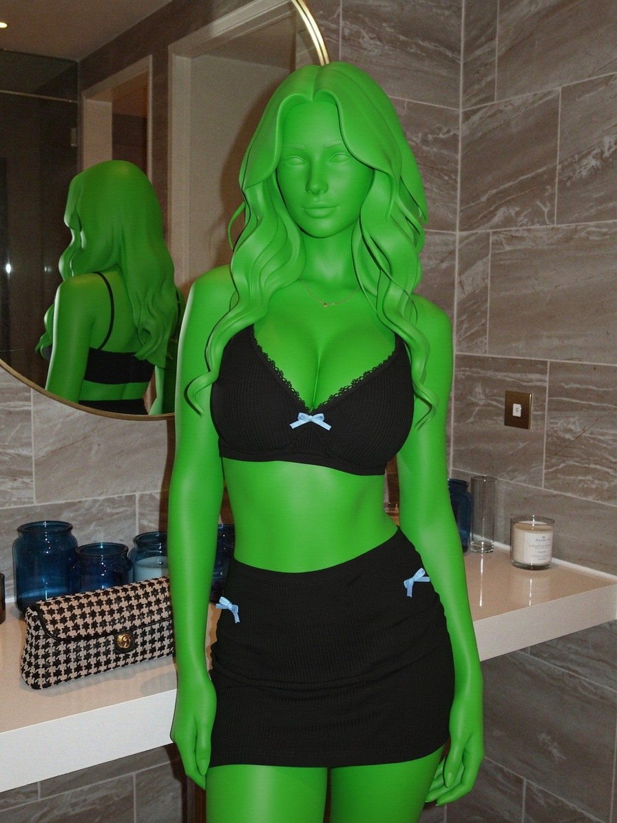 Template for Black Ribbed Bralette Small Light Blue Bow In Bathroom Facing