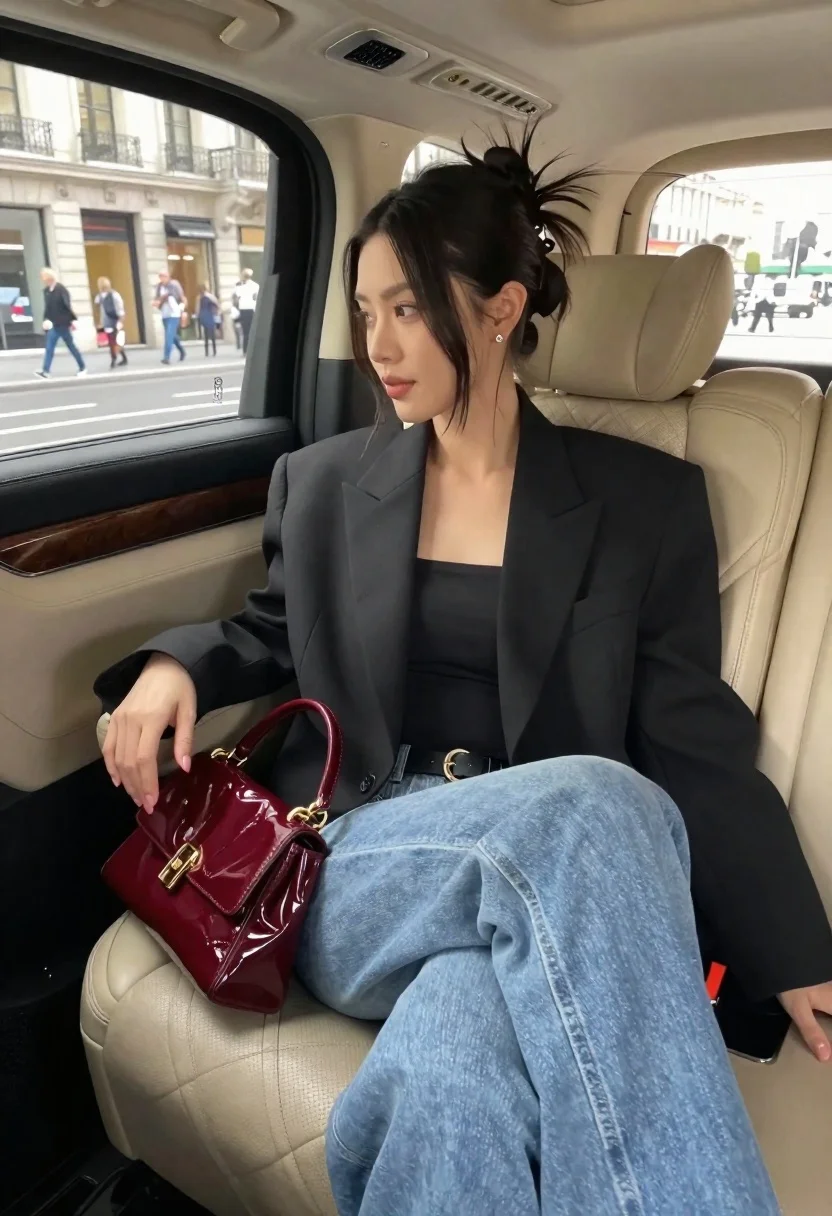 Medium Shot Woman Seated The Backseat Luxury Car Subject Elegant reference photo