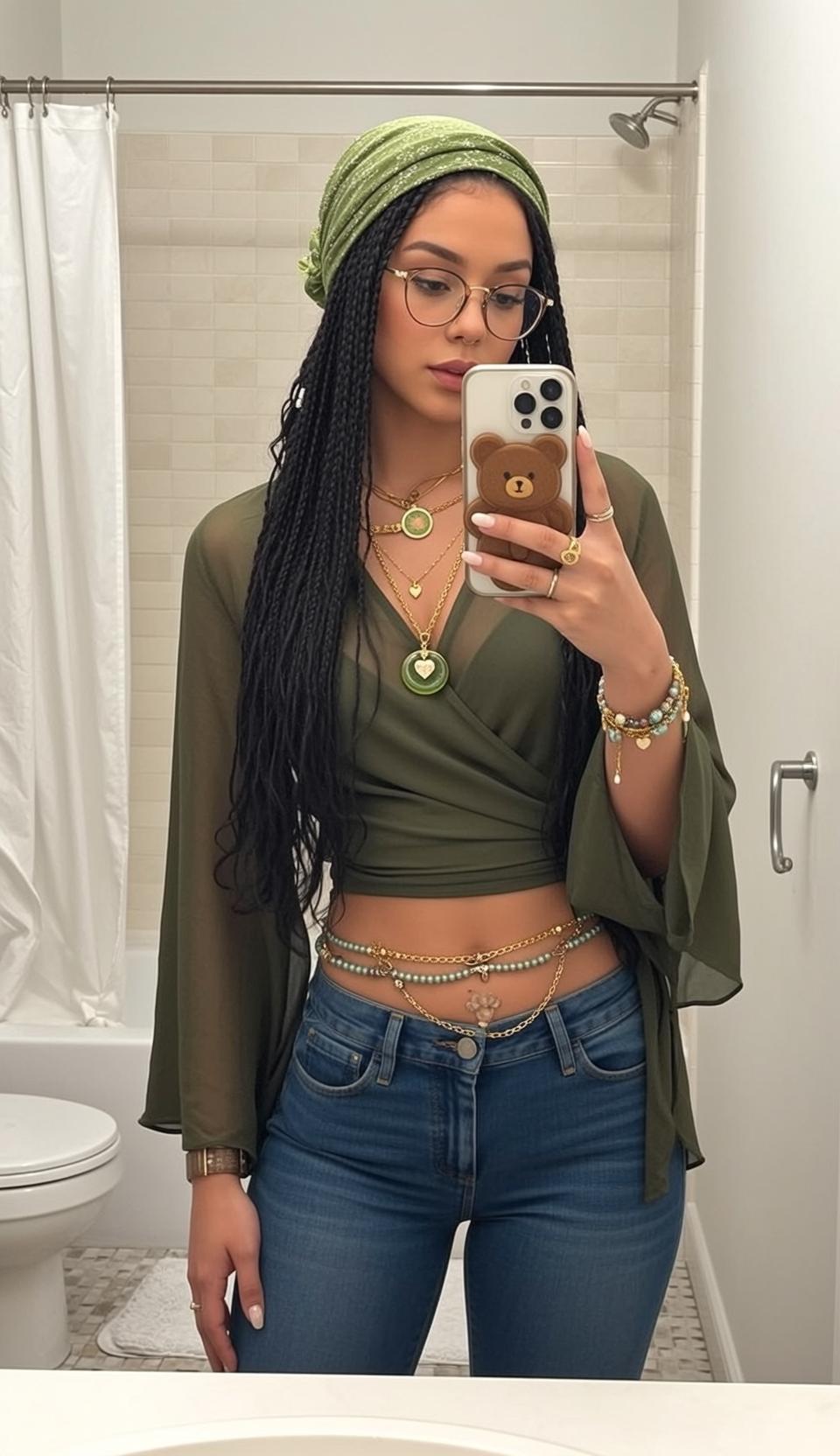 Olive Green Sheer Top Gold Glasses Selfie