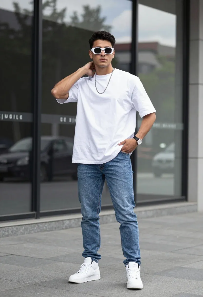 Full-length Portrait Stylish Man Standing Confidently Urban Outdoor Setting Subject