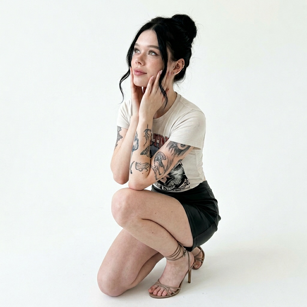 Raven Haired Woman Kneeling Studio White Background Loving Gaze