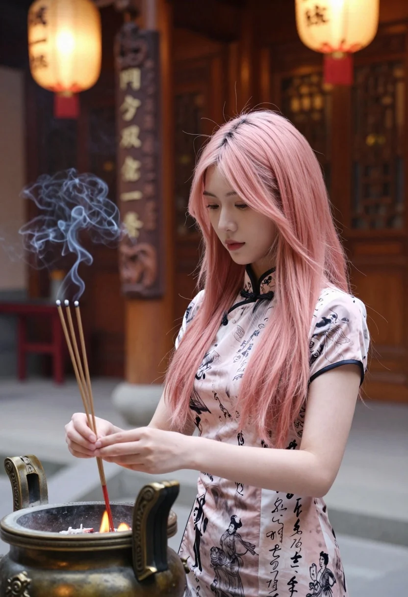 Young Woman With Long Pink Hair Stands Traditional Temple Setting