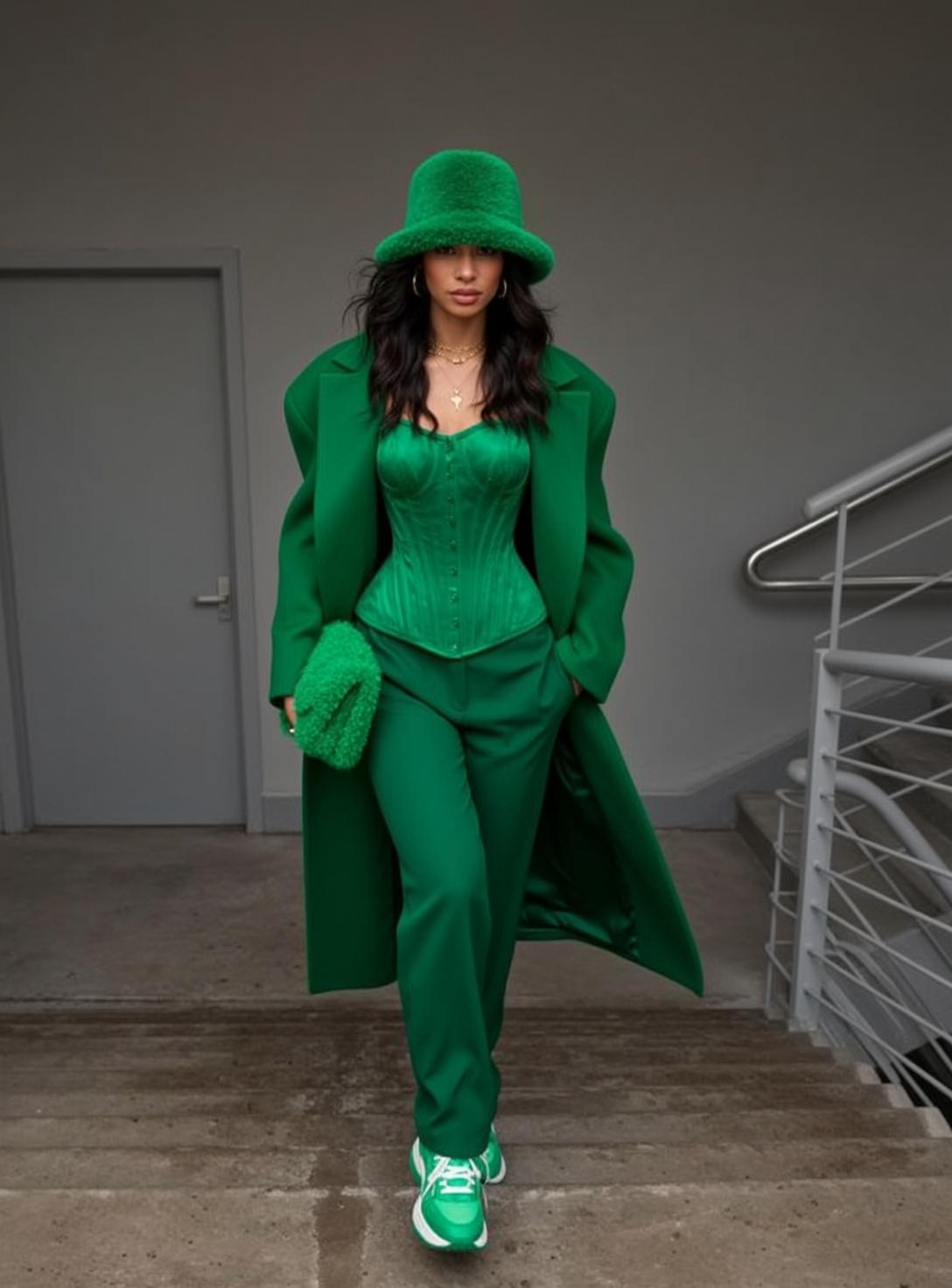 Fashion Week Long Dark Wavy Light Green