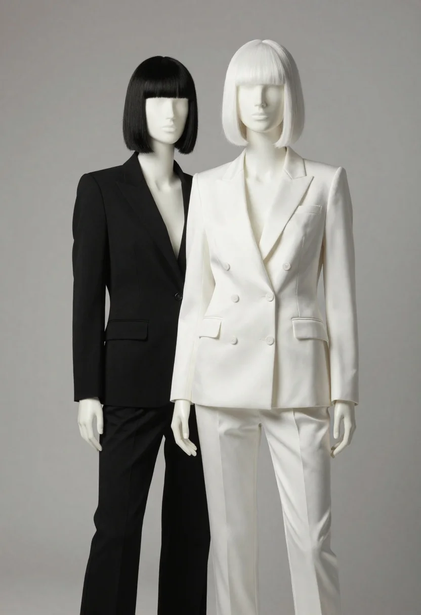 High-fashion Studio Shot Featuring Two Sleek Female Mannequins Standing Side-by-side reference photo
