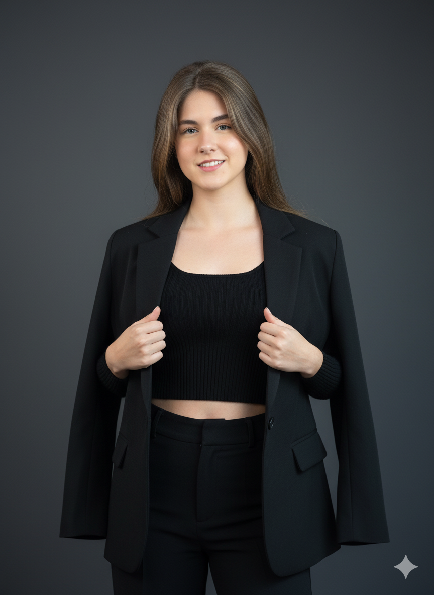 Retrato estiloso de uma pessoa sorrindo enquanto segura um blazer preto sobre os ombros, com fundo em degradê cinza escuro.