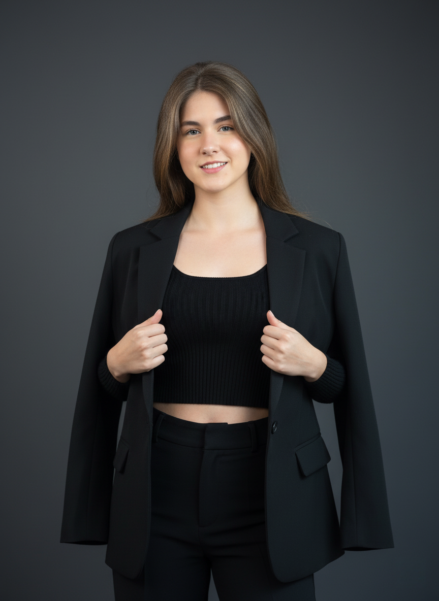 Retrato estiloso de uma pessoa sorrindo enquanto segura um blazer preto sobre os ombros, com fundo em degradê cinza escuro.