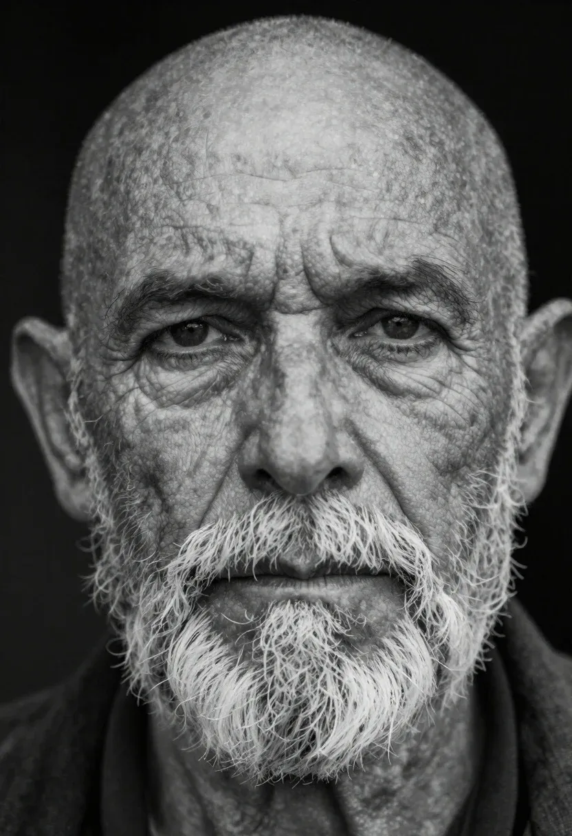 Monochrome Close-up Portrait Weathered Elderly Man Looking Directly The Camera