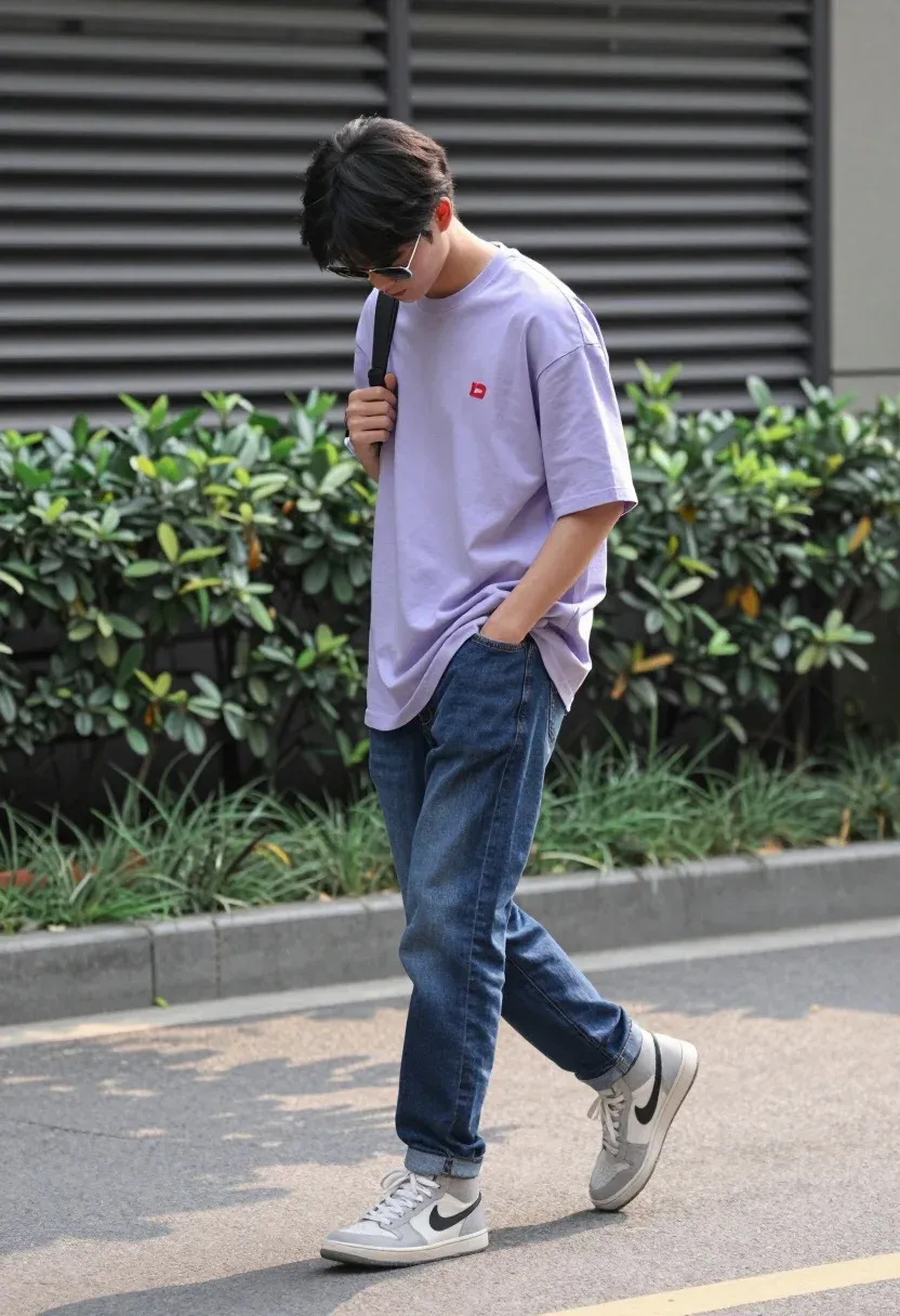 Young Man Walking Casually Down Paved Street With His Head