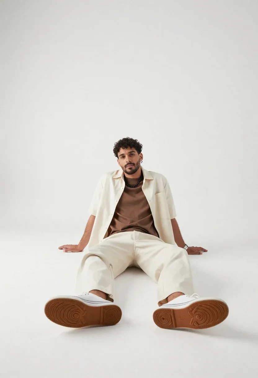 Studio Fashion Portrait Young Man Seated Casually The Floor Minimalist