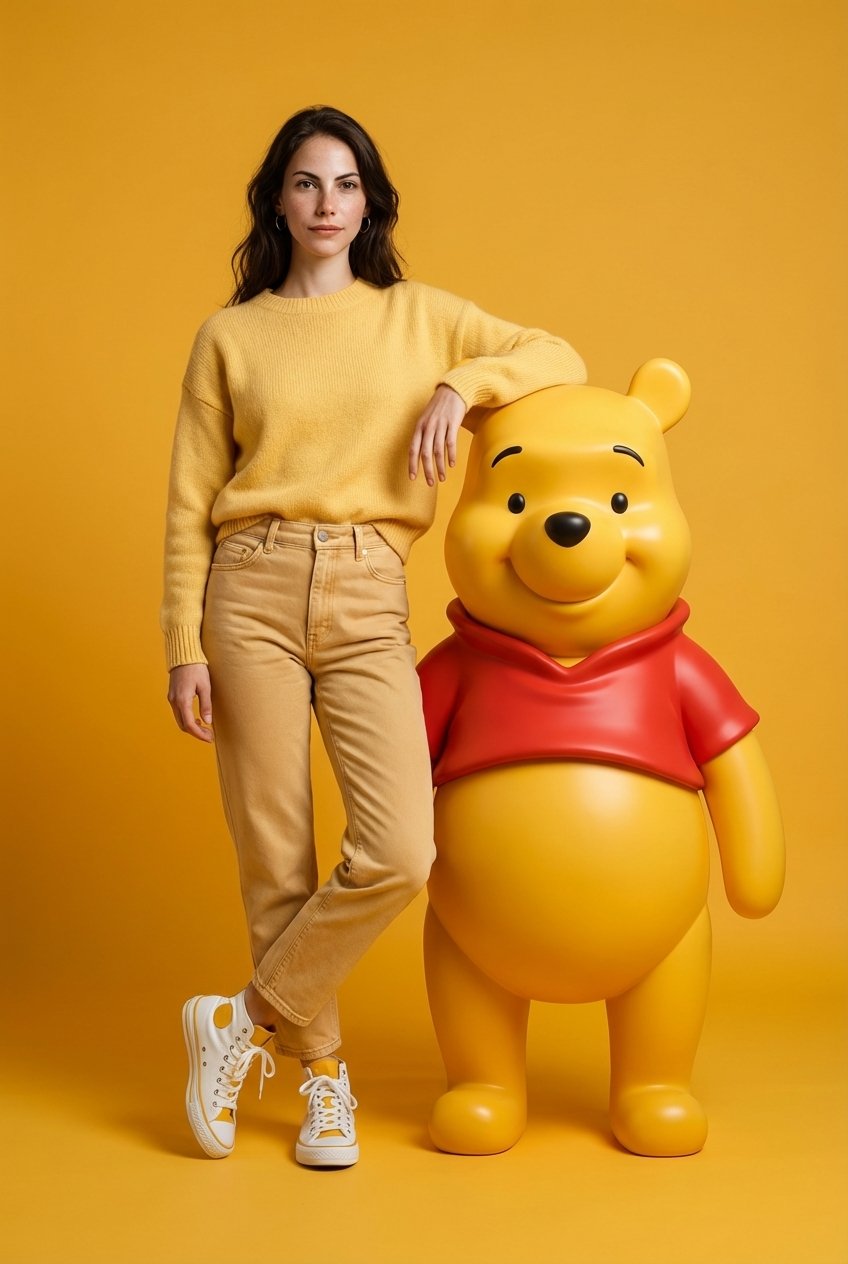 Stylish young woman in a soft yellow knitted sweater posing with a giant 3D-rendered Winnie the Pooh in a studio.