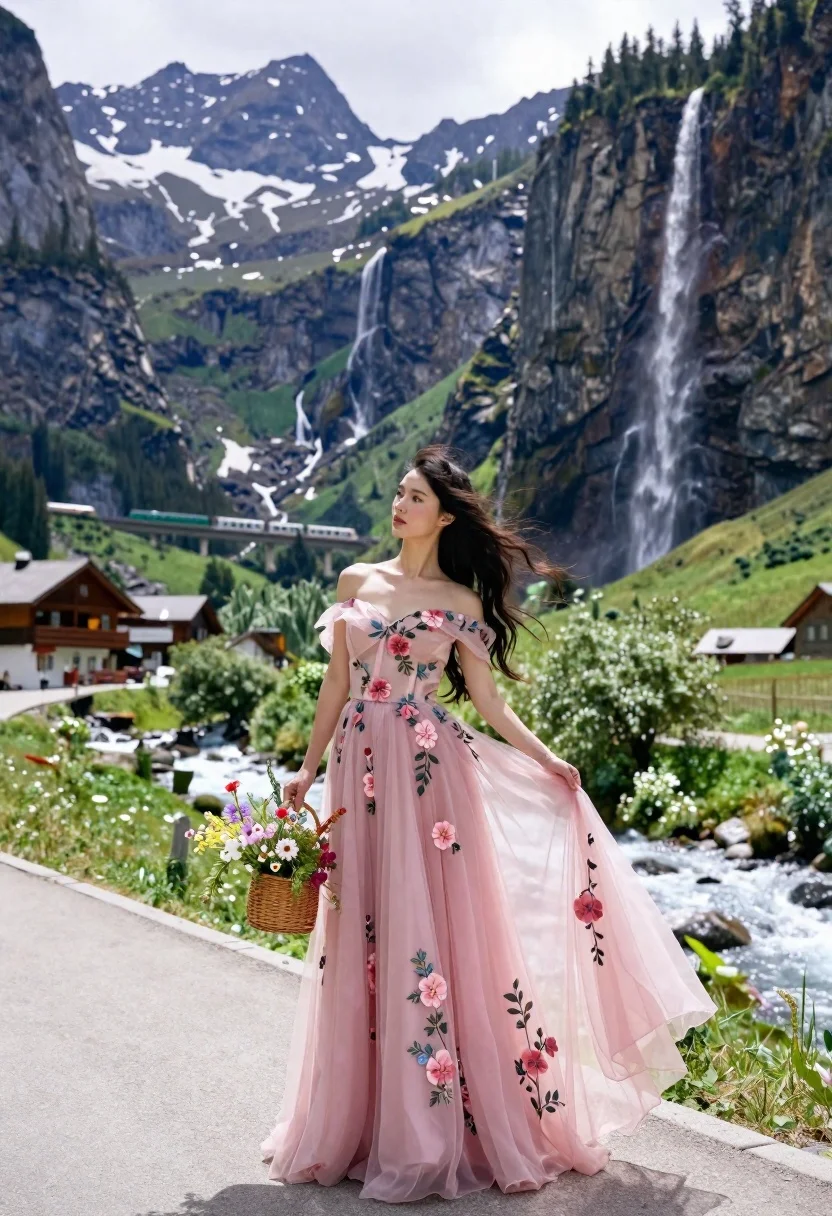 Woman Flowing Pink Floral Gown Stands Paved Path Holding Basket