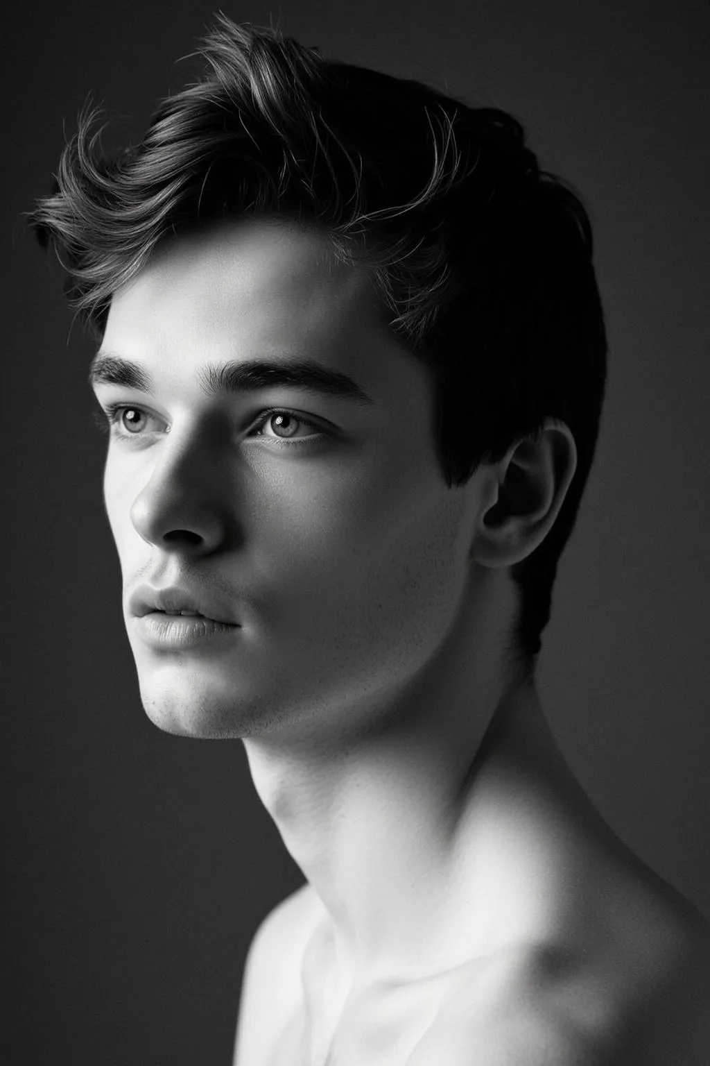Photorealistic Black And White Medium Close-up Portrait Young Man With