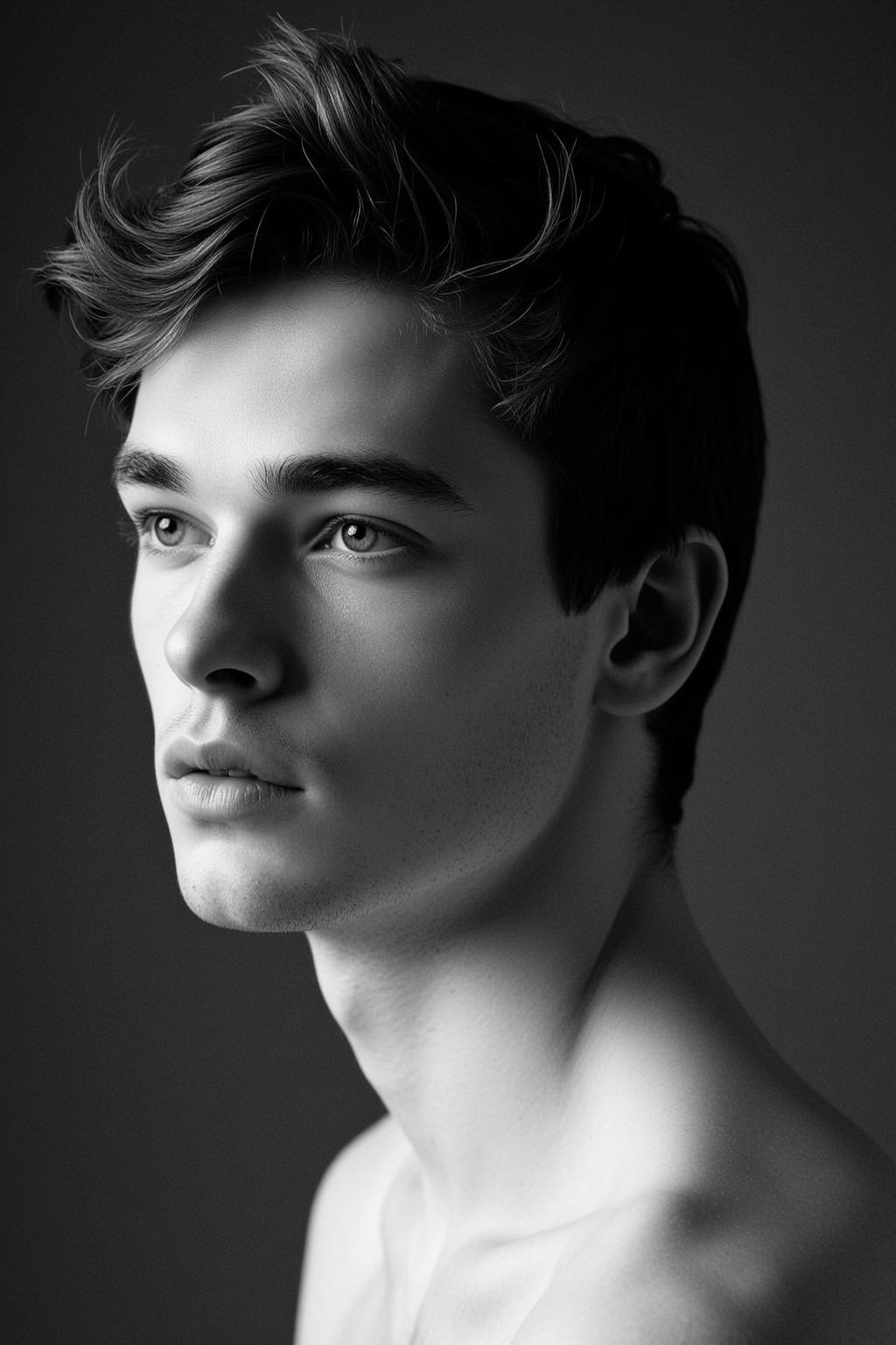 Photorealistic Black And White Medium Close-up Portrait Young Man With