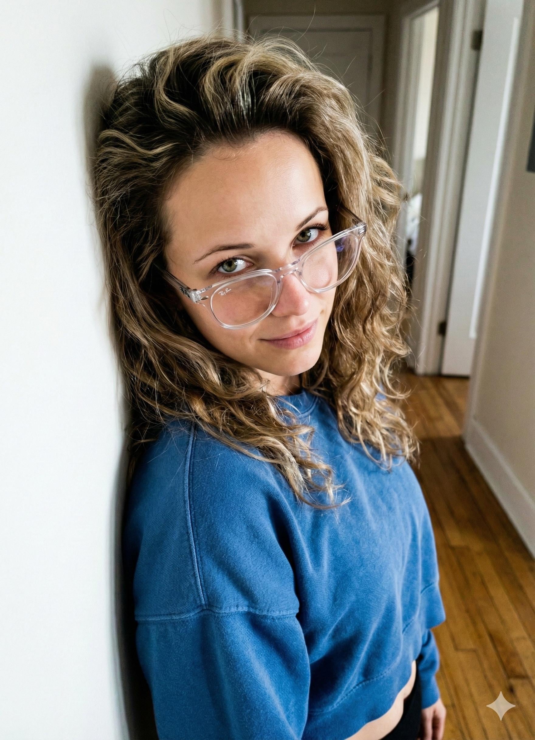 Medium Blue Sweatshirt Clear Glasses Leaning White Wall