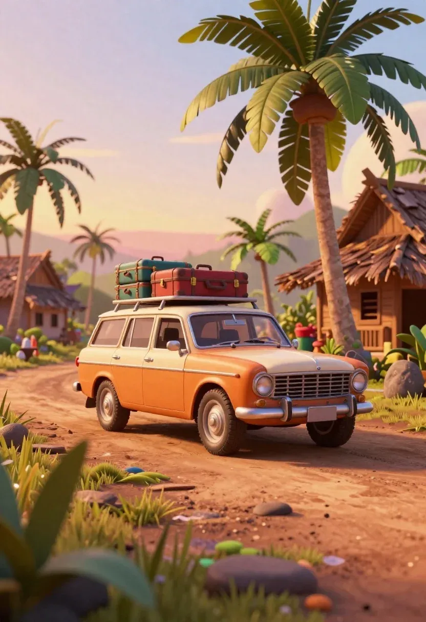 Vintage Station Wagon Loaded With Luggage Parked Dirt Path Tropical