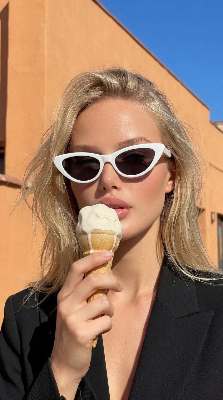 Eating Ice Cream Cat Eye Glasses Dark Jacket