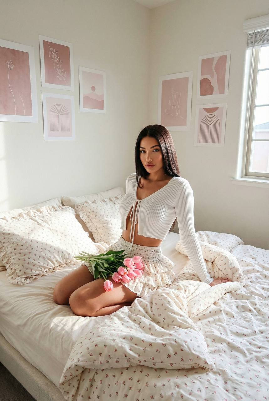Cozy bedroom scene with messy bedding and pink flower bouquet, captured in soft morning light.
