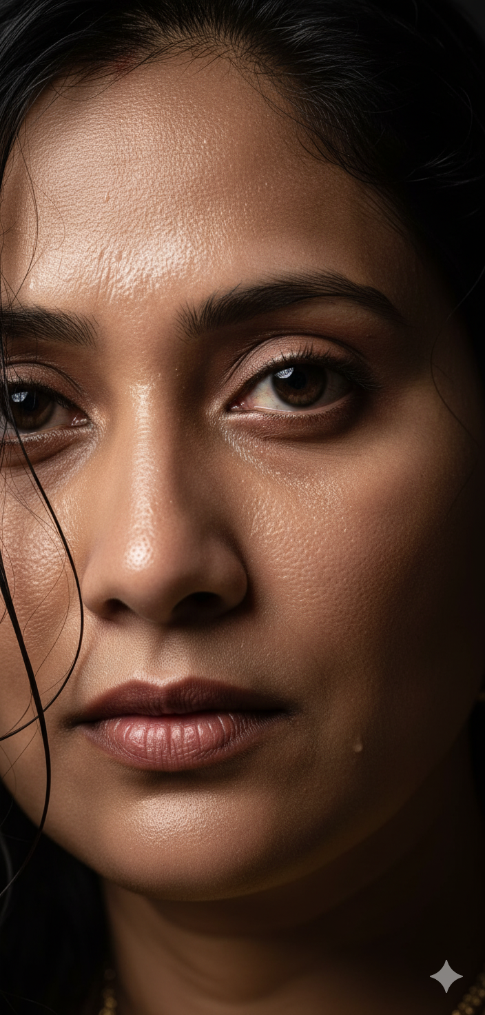Extreme close-up portrait showcasing dewy skin and wet hair, emphasizing intense facial features and sharp eye focus.