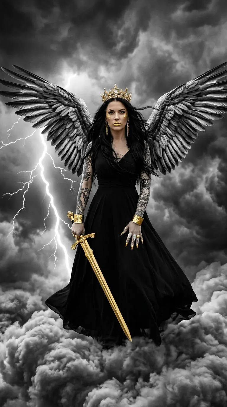 Full Length Powerful In With Large Black Feathered