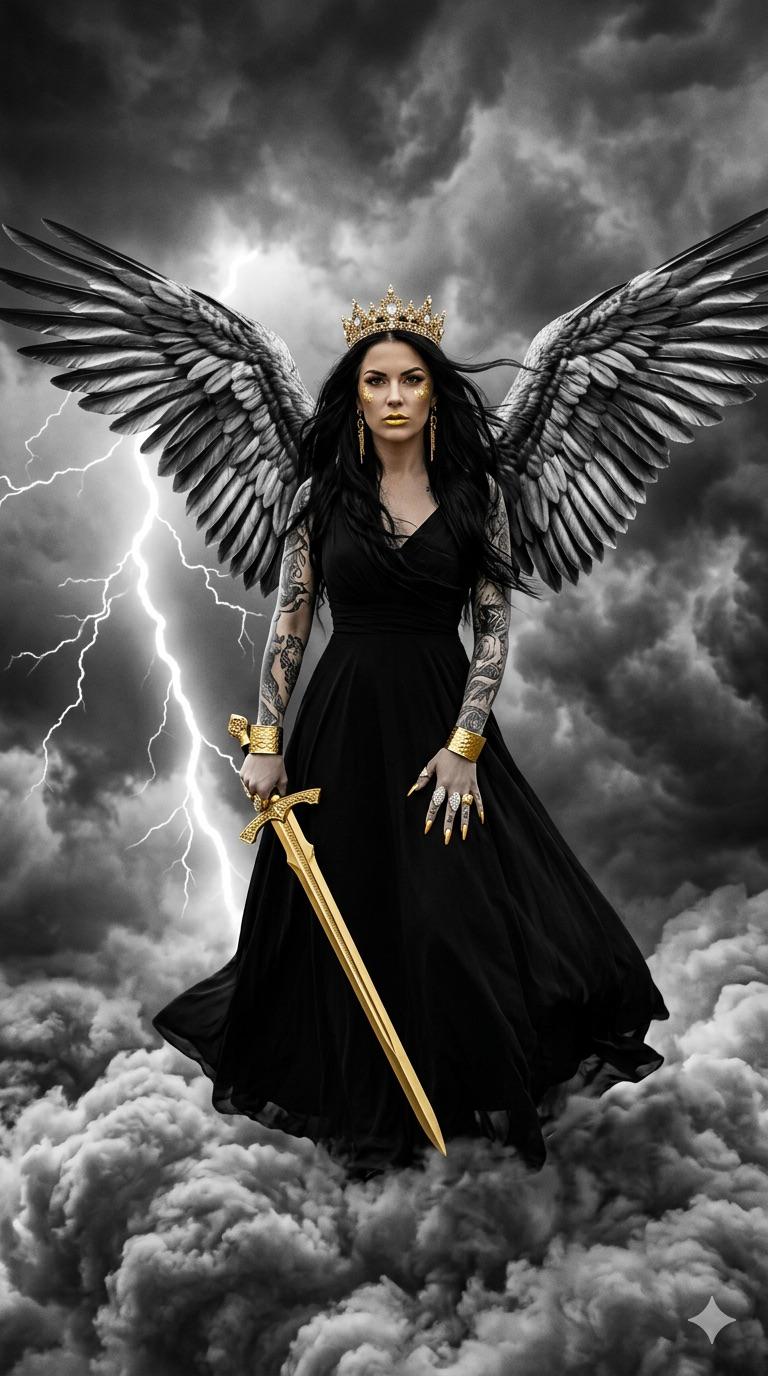 Full Length Powerful In With Large Black Feathered