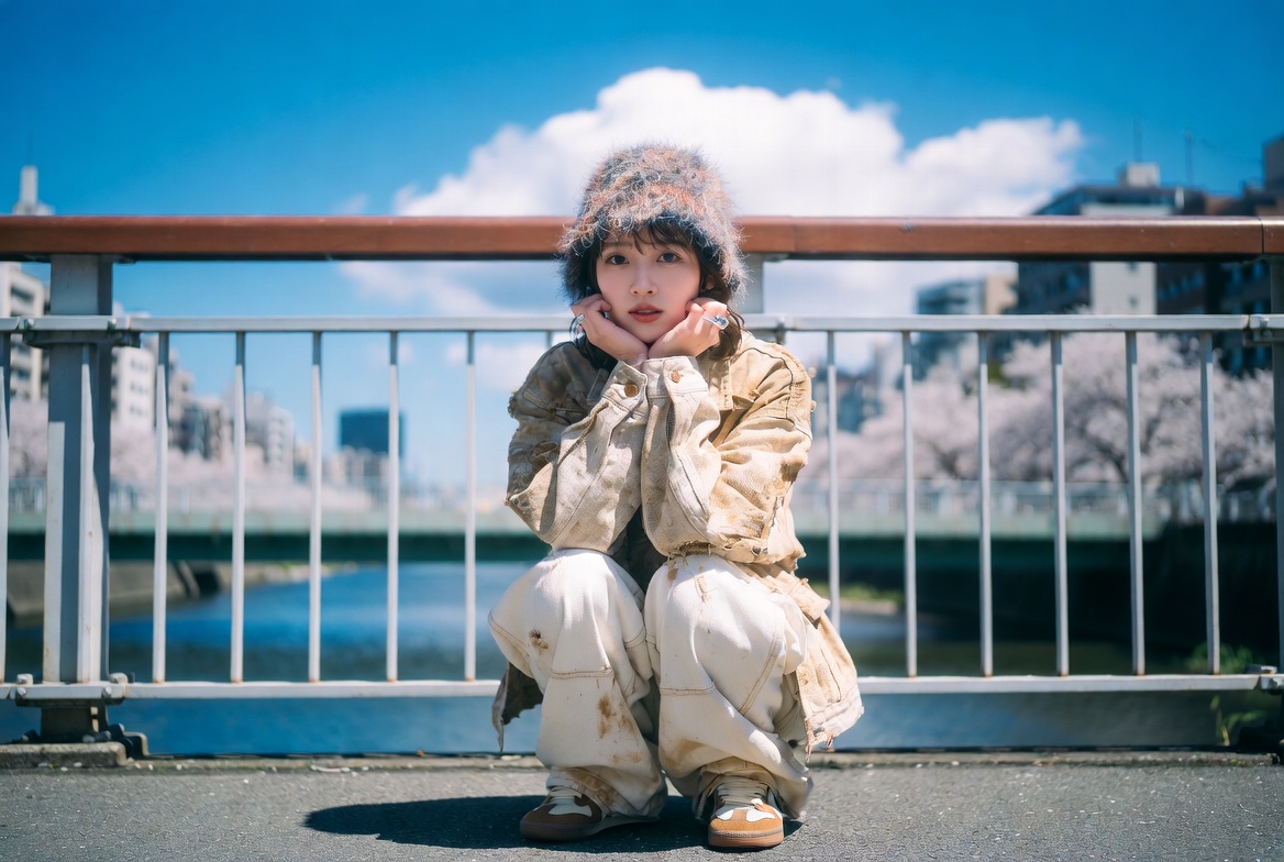 Crouching On Concrete Bridge Cherry Blossoms