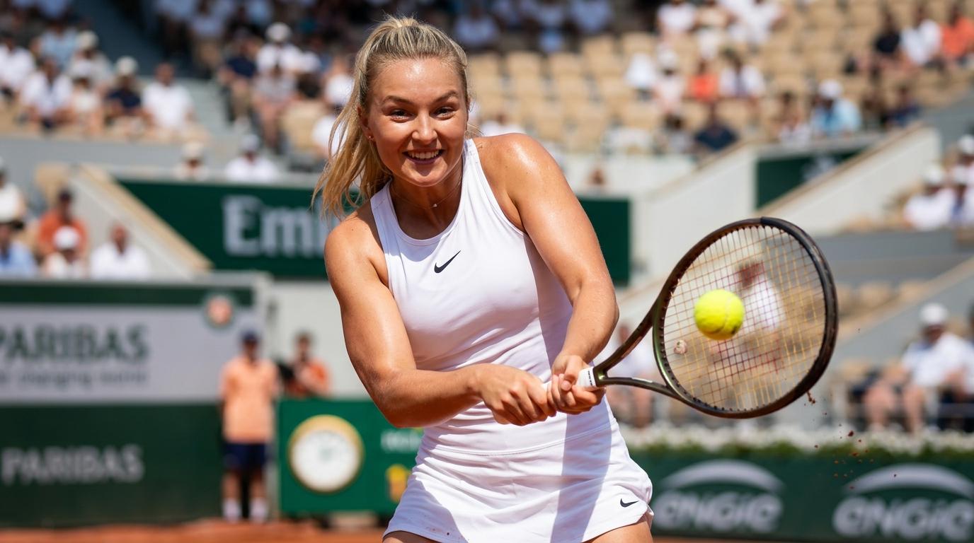 A smiling female tennis player mid-swing on a clay court with a racket and ball.